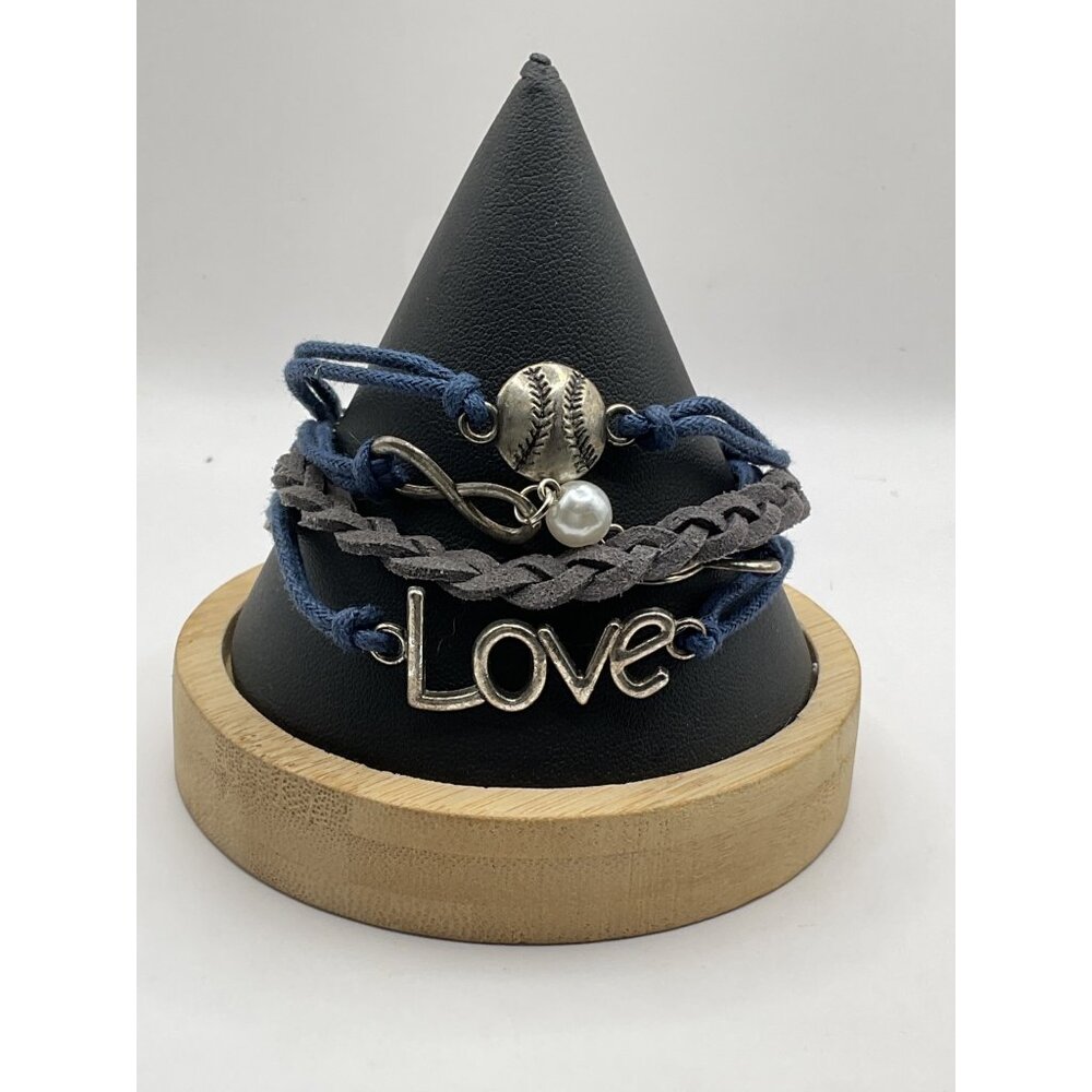 Layered Love Baseball Bracelet Pearl Charm Chain Blue Gray Faux Leather